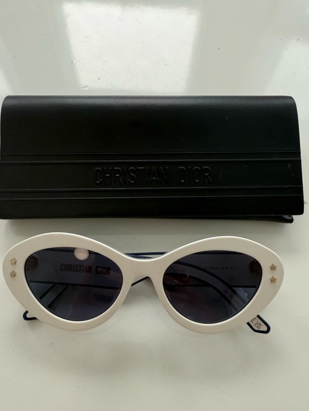 Dior White Oval Sunglasses with Dark Lenses and Star Accents